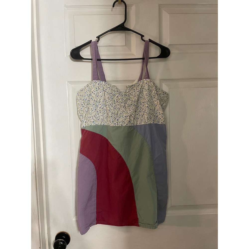 Blue Sky Floral Colorblock Mini Dress Womens Large Patchwork Sweetheart Neck L